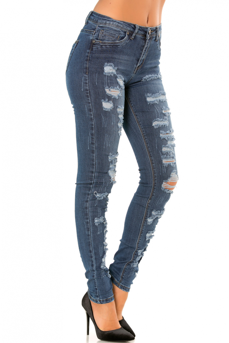 Pantalon jeans slim Bleu effet déchiré sur le devant  PTL-S2591 - 3
