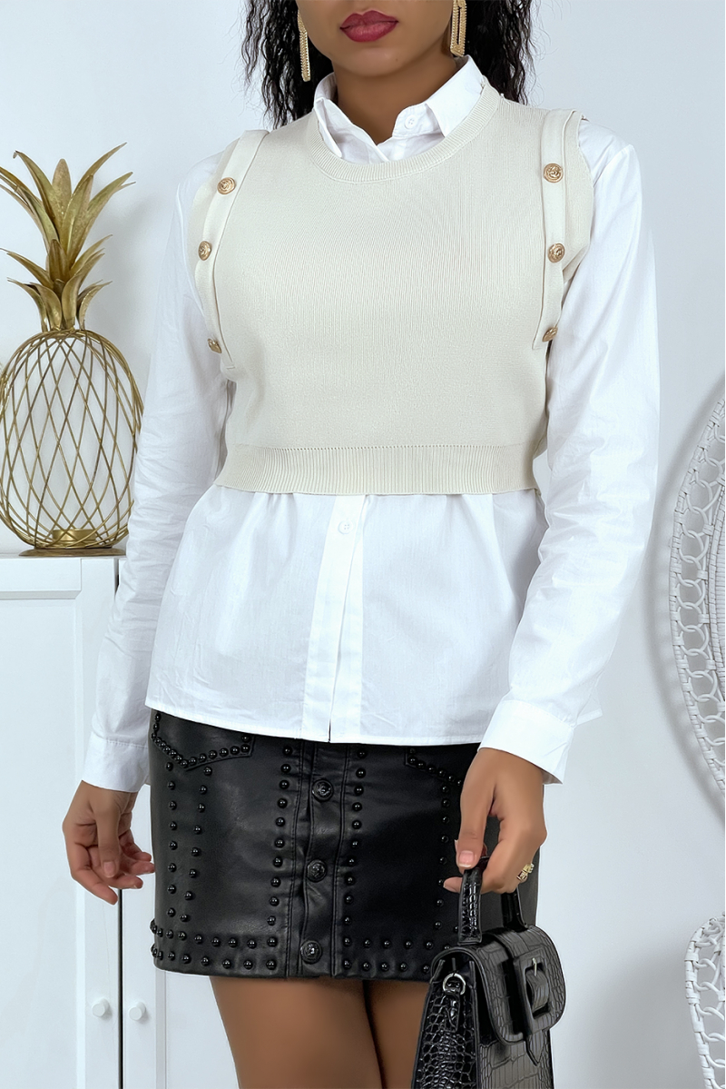 Classic Style Button Sleeveless Beige Cropped Sweater - 2