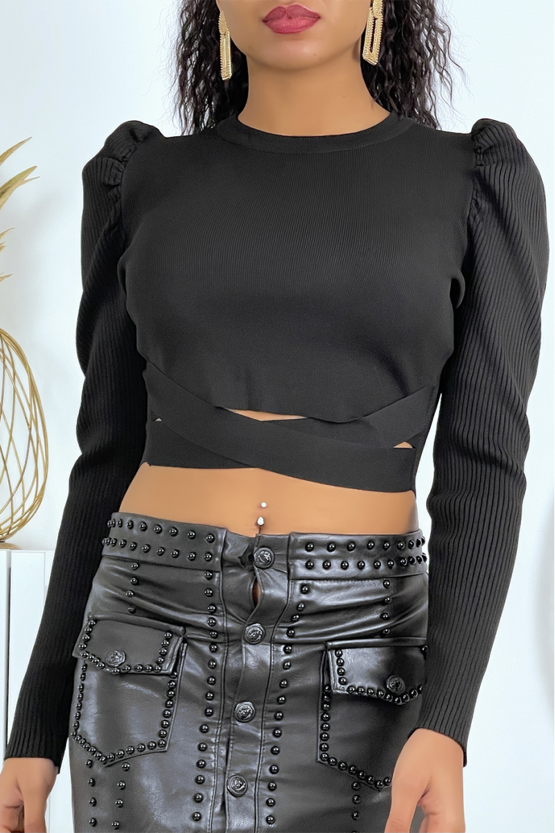 Black ribbed crop top sweater with puffed shoulder pad and crossover effect with glamorous and trendy belly - 1