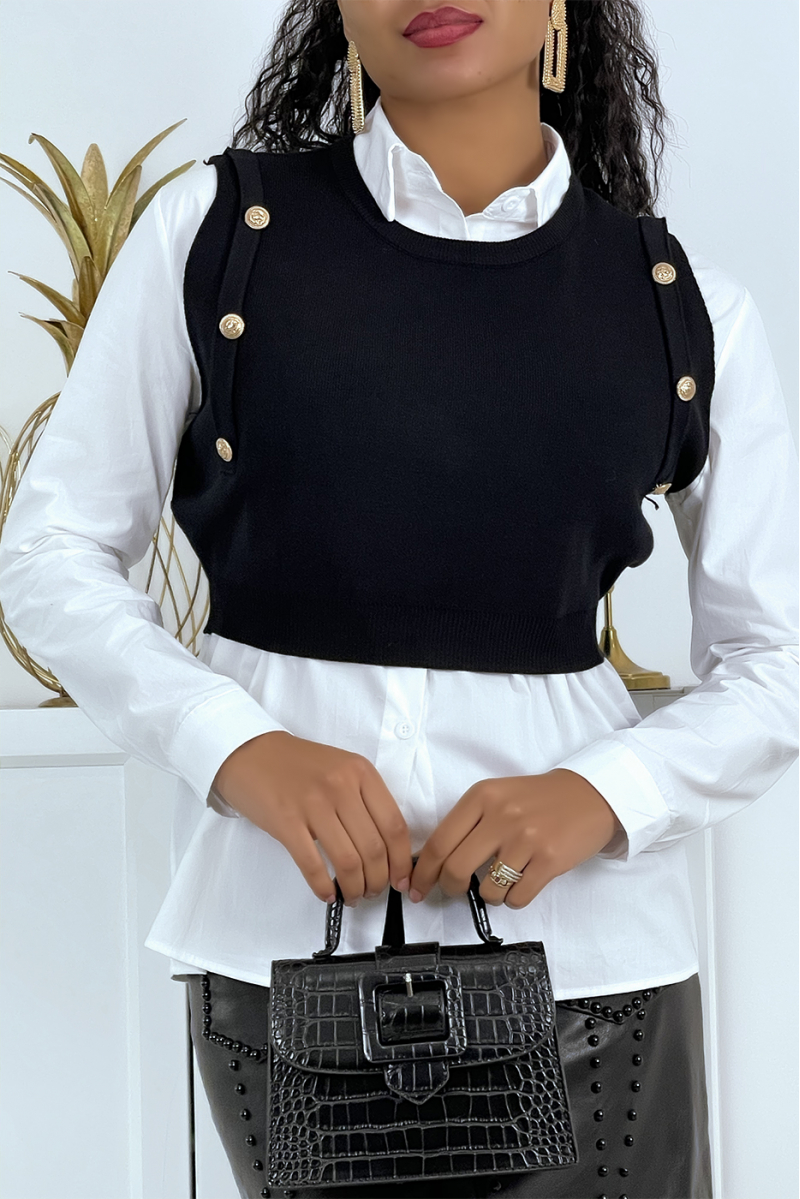 Pull court noir sans manches à boutons style classique - 1