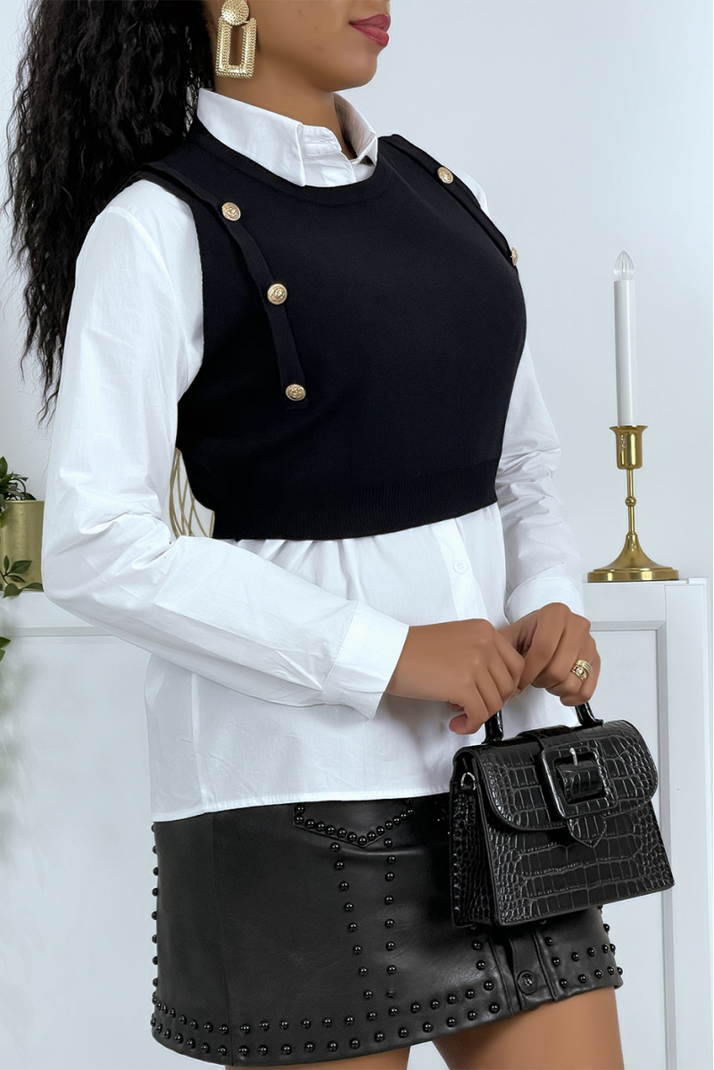 Pull court noir sans manches à boutons style classique - 3