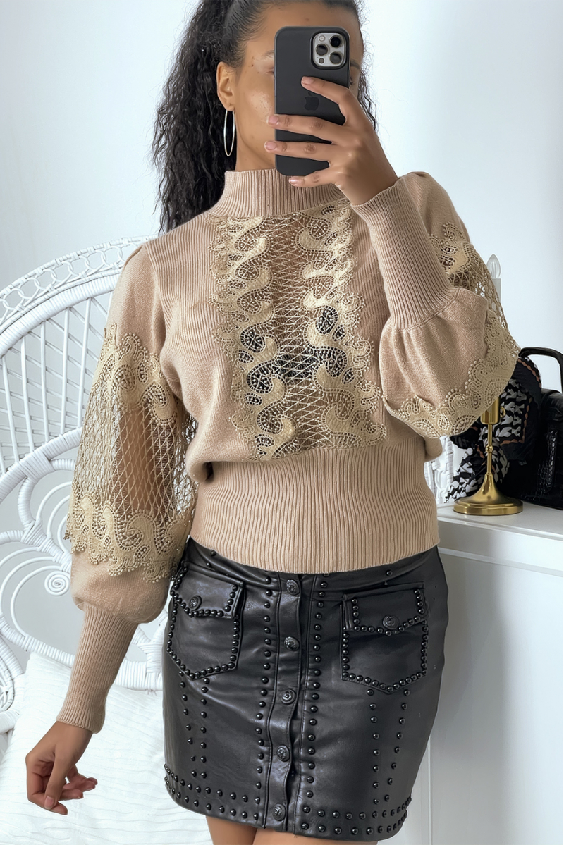Camel openwork high-neck sweater with puffed sleeves and transparent details - 1