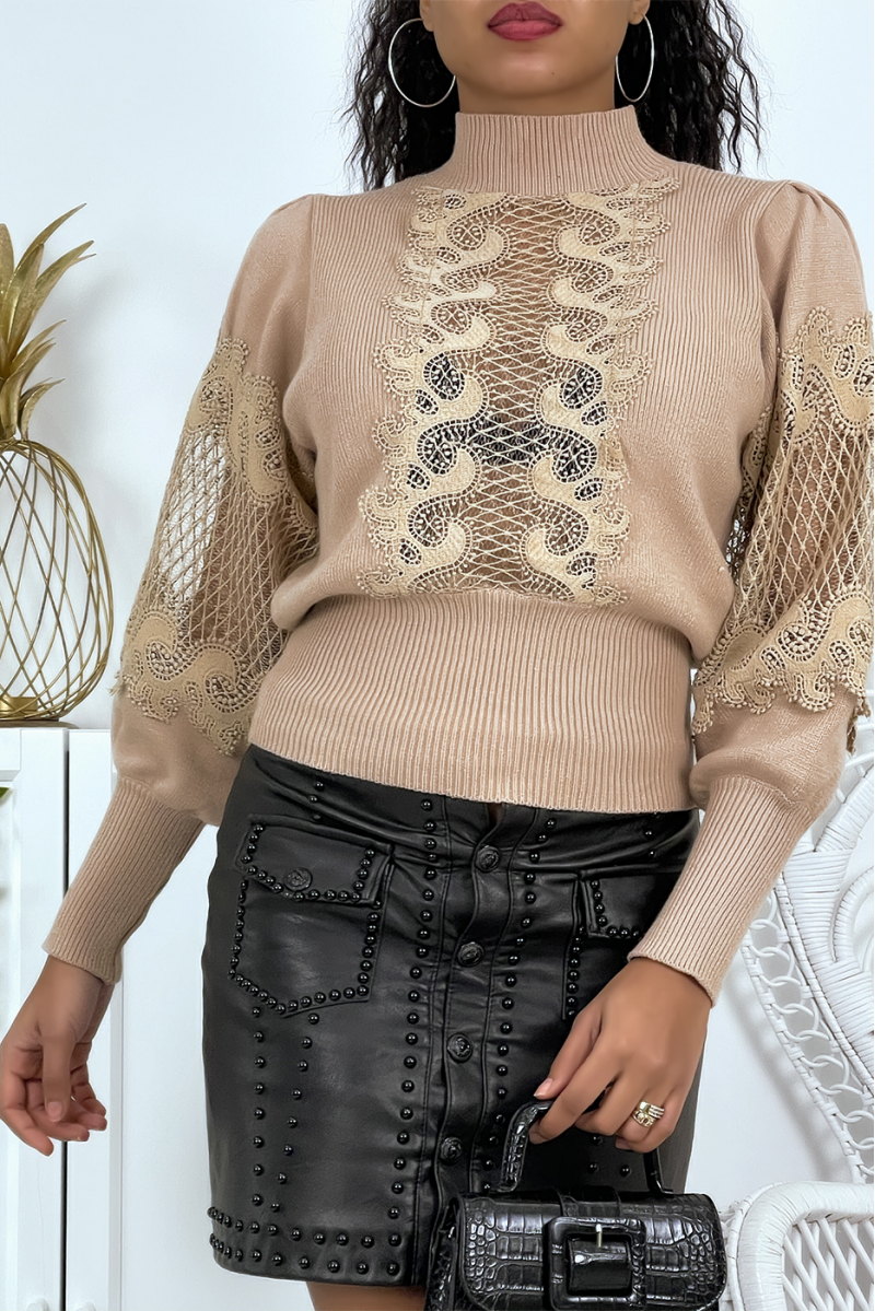 Camel openwork high-neck sweater with puffed sleeves and transparent details - 3