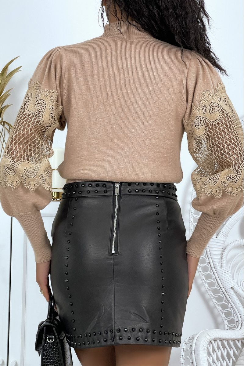 Camel openwork high-neck sweater with puffed sleeves and transparent details - 6