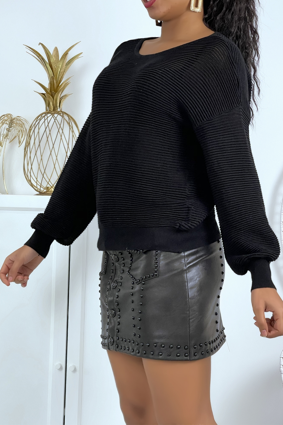 Black fluid long-sleeved top woman - 1