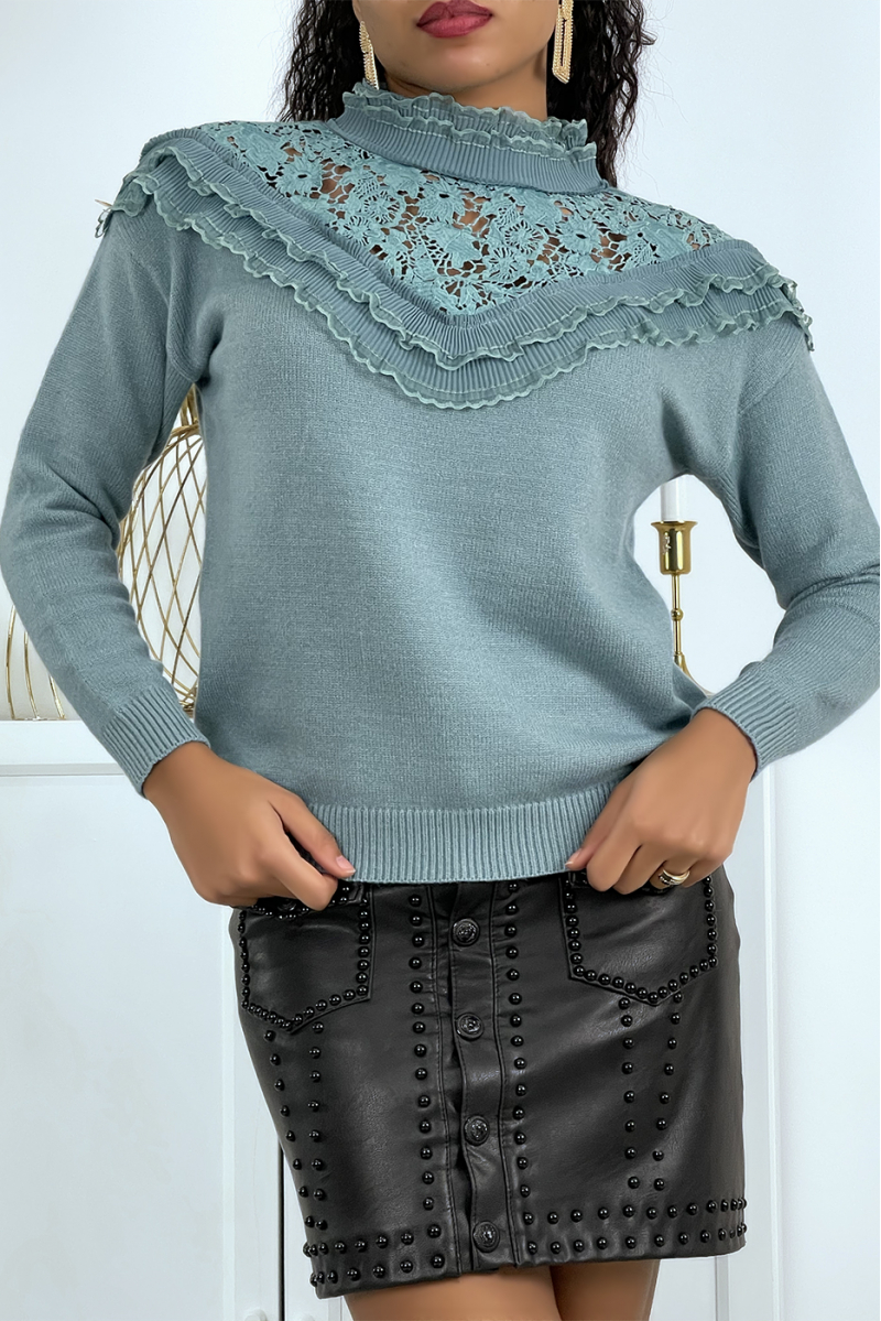 Women's teal sweater with high collar - 1