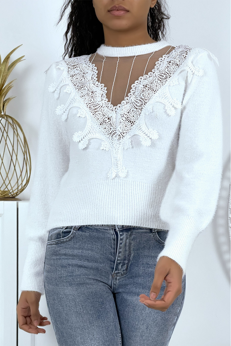 SoSZ white sweater with tulle and lace neckline - 1