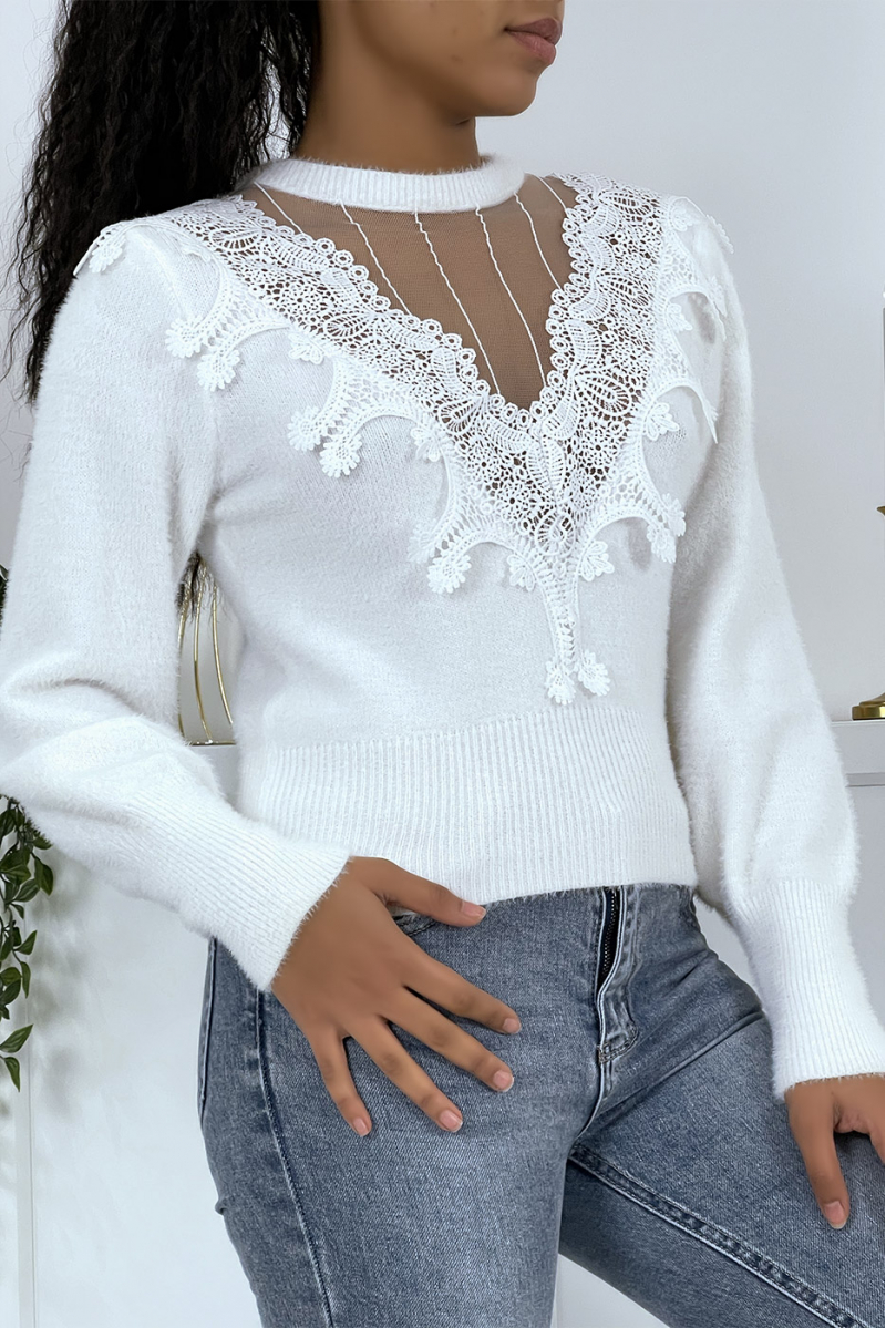 SoSZ white sweater with tulle and lace neckline - 3