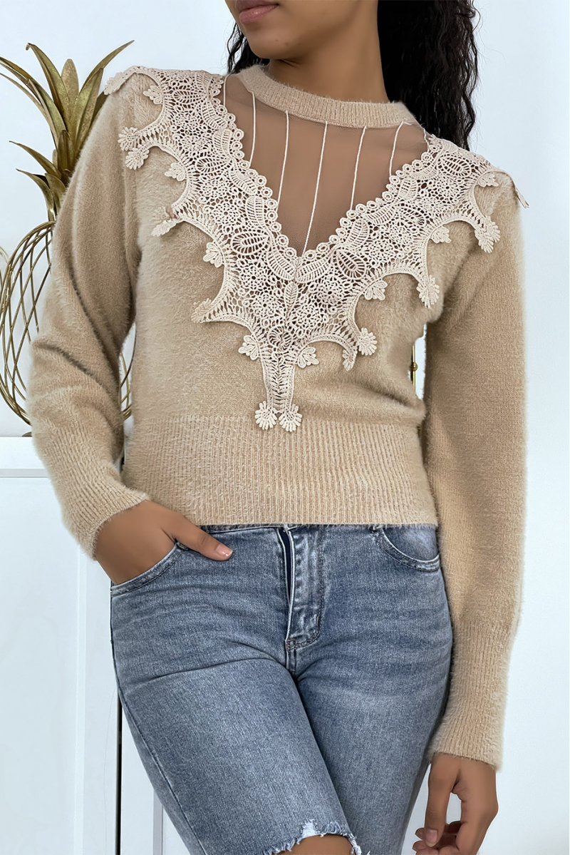 Pull doux taupe à décolleté et dentelle - 1