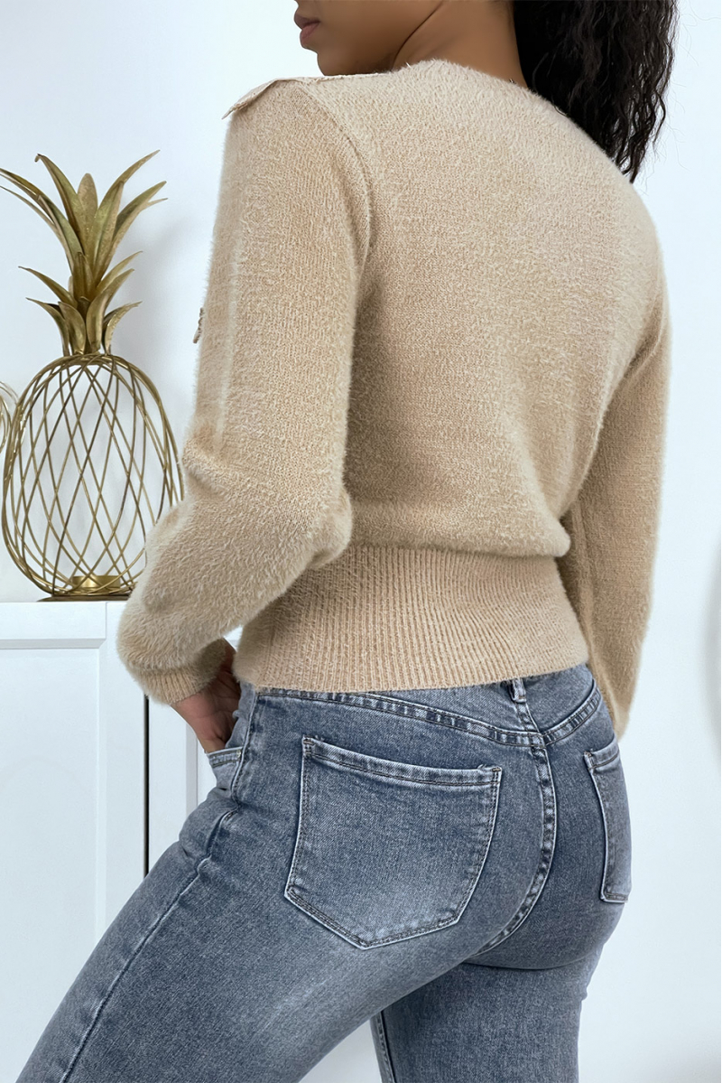 Pull doux taupe à décolleté et dentelle - 3