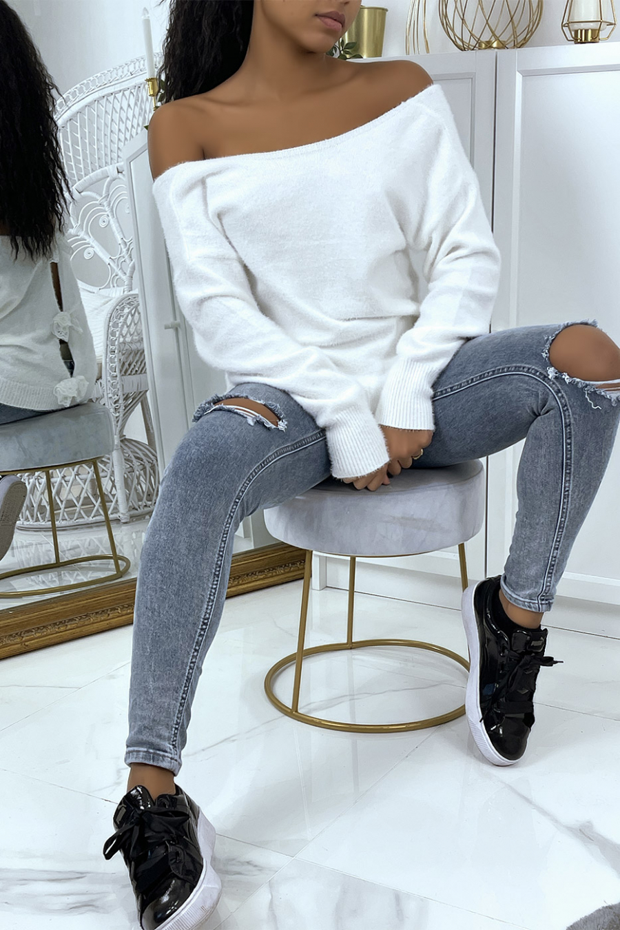 Pull duveteux dos nu blanc oversize - 1