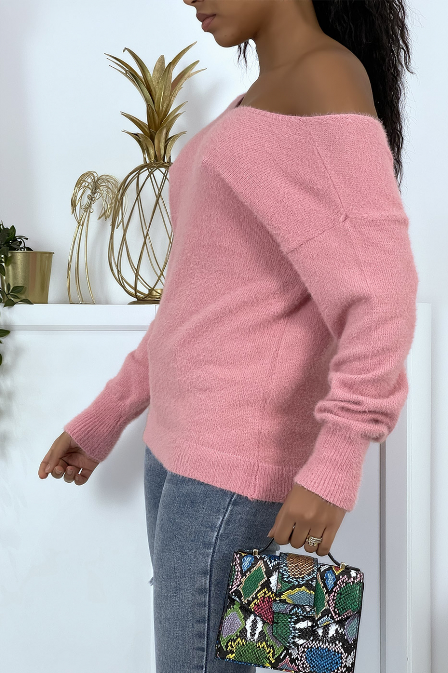 Pull duveteux dos nu rose oversize - 2