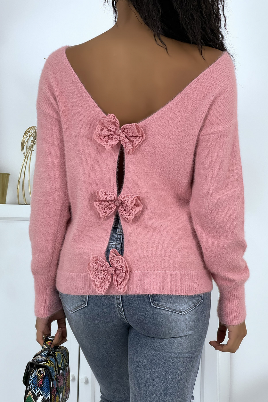 Pull duveteux dos nu rose oversize - 3