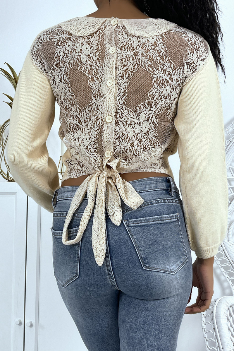 Women's beige open back lace sweater - 1