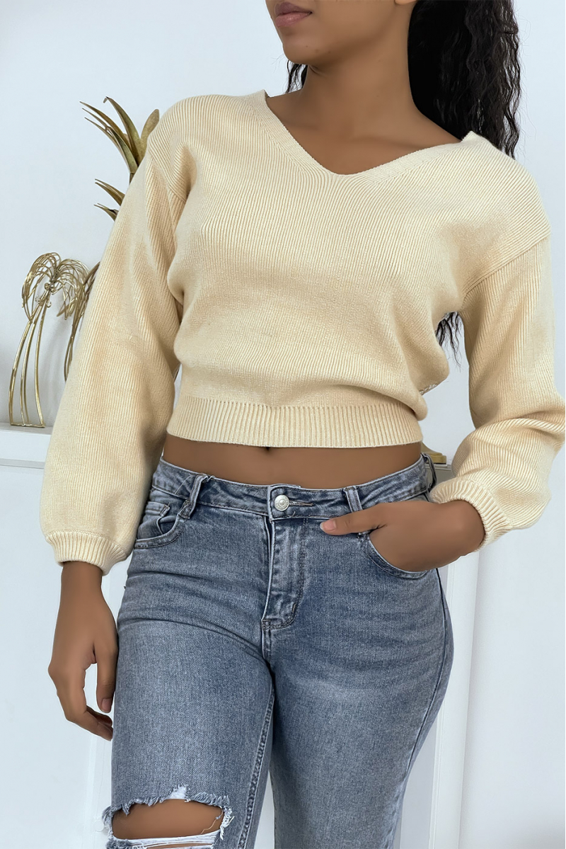 Women's beige open back lace sweater - 2