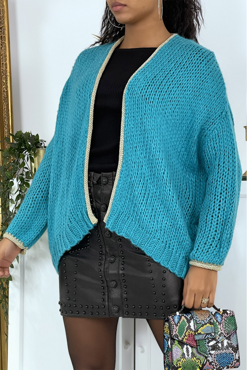 Turquoise chunky knit cardigan - 1