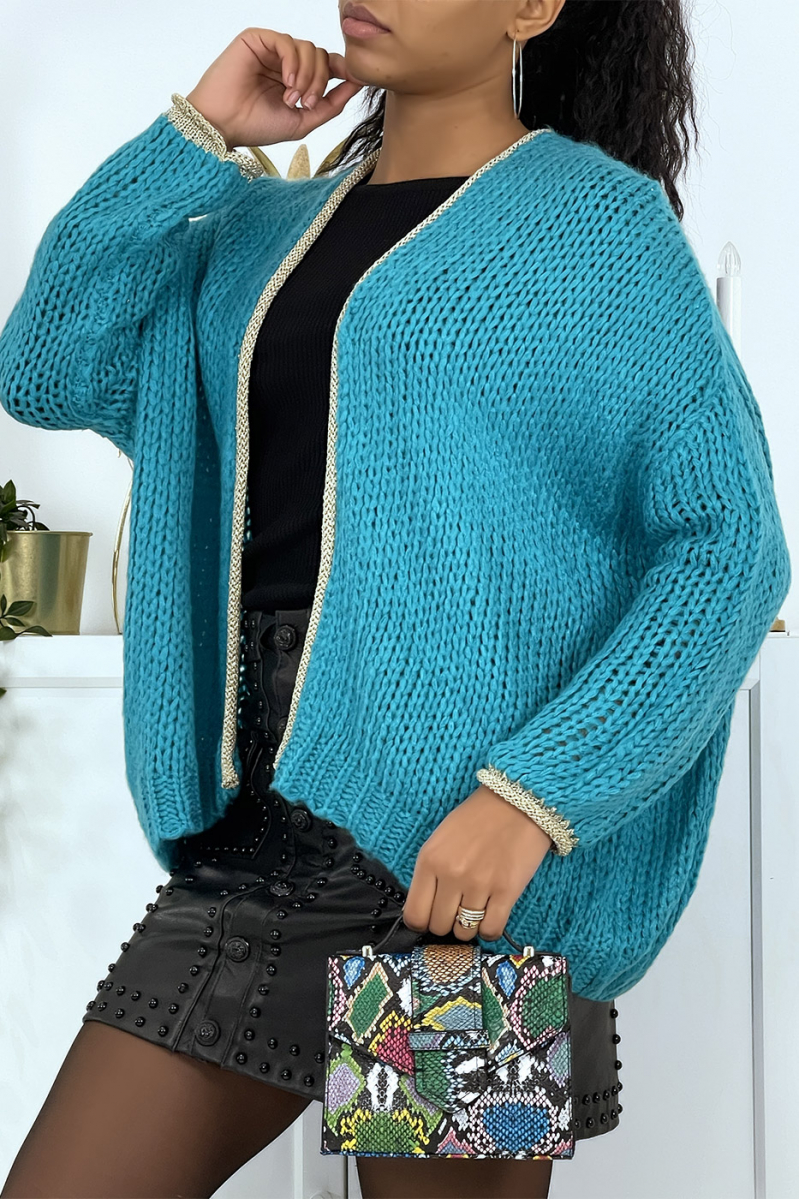 Turquoise chunky knit cardigan - 2