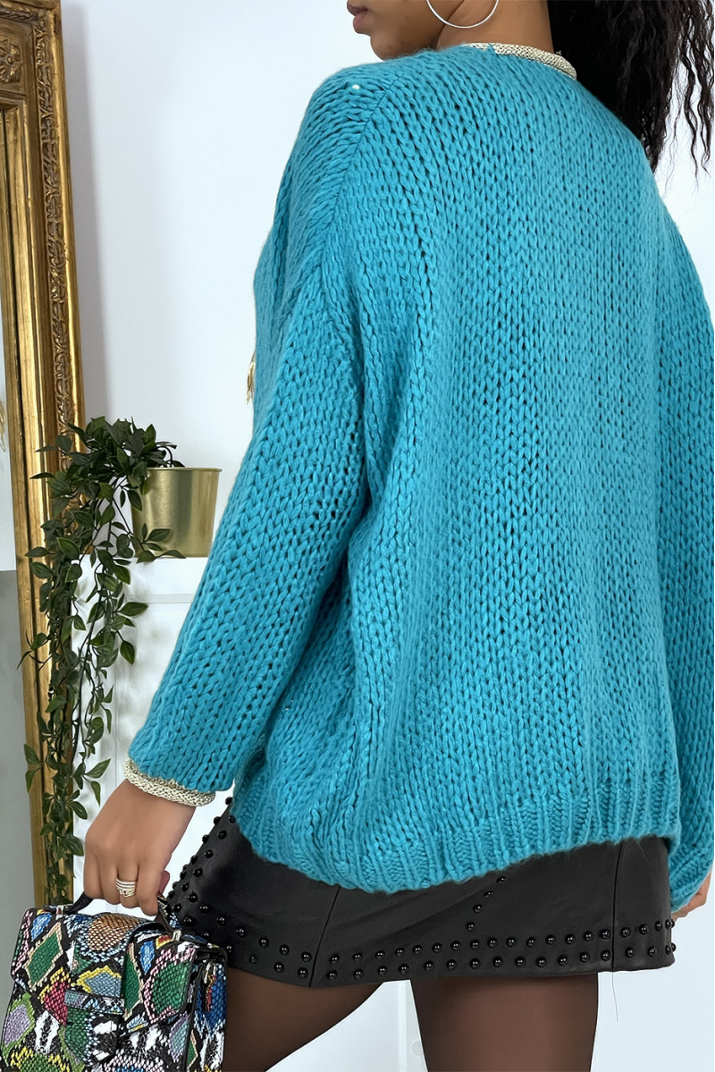 Turquoise chunky knit cardigan - 4