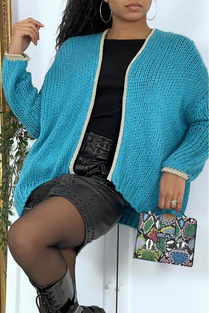 Turquoise chunky knit cardigan - 5