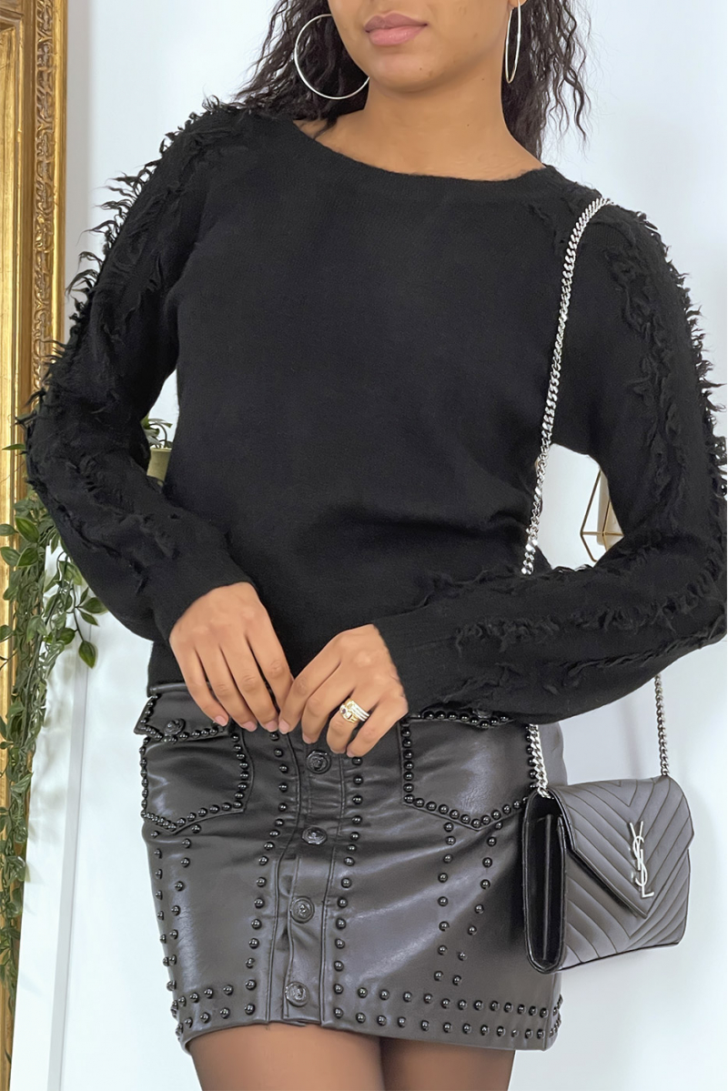 Classic black round-neck sweater with fringes - 1