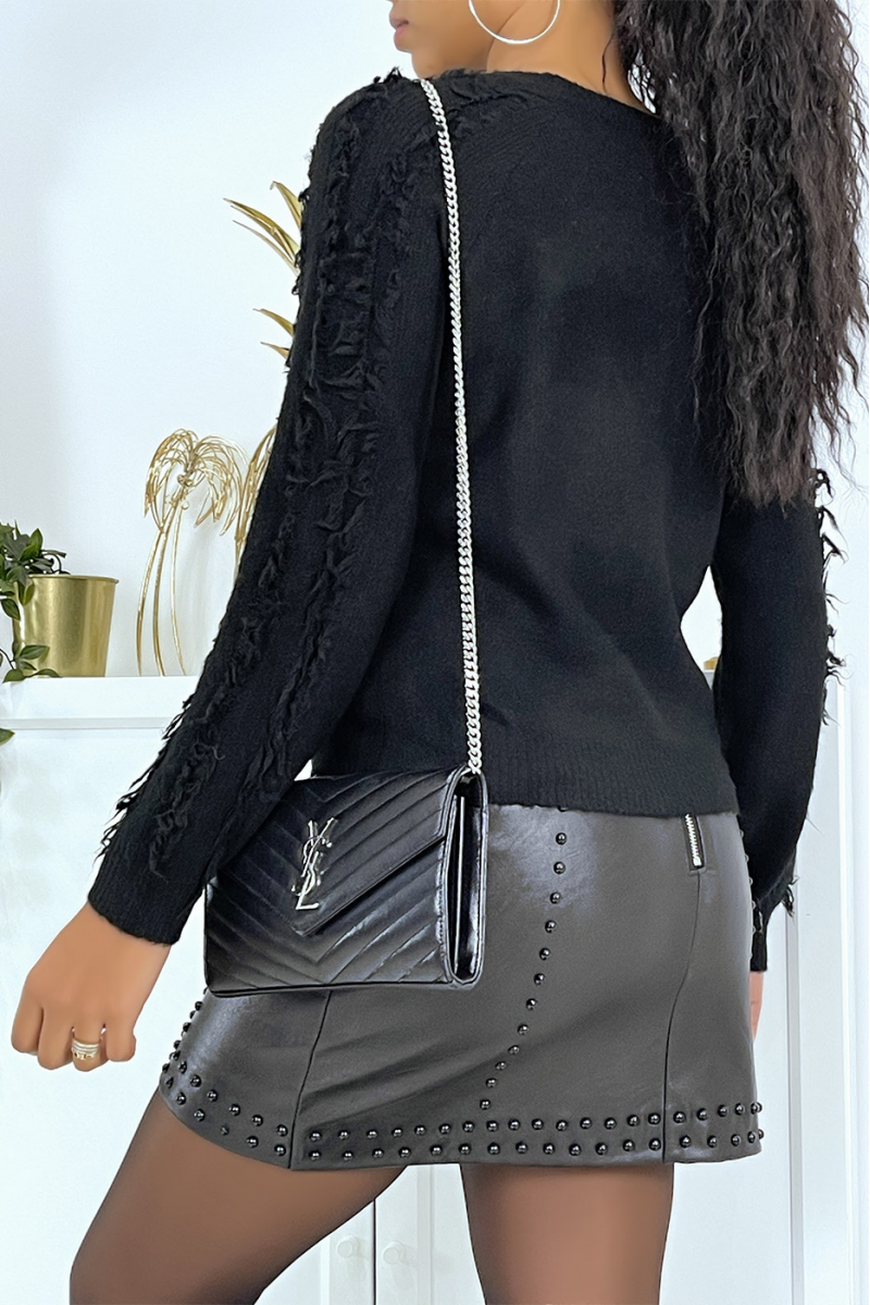 Classic black round-neck sweater with fringes - 3