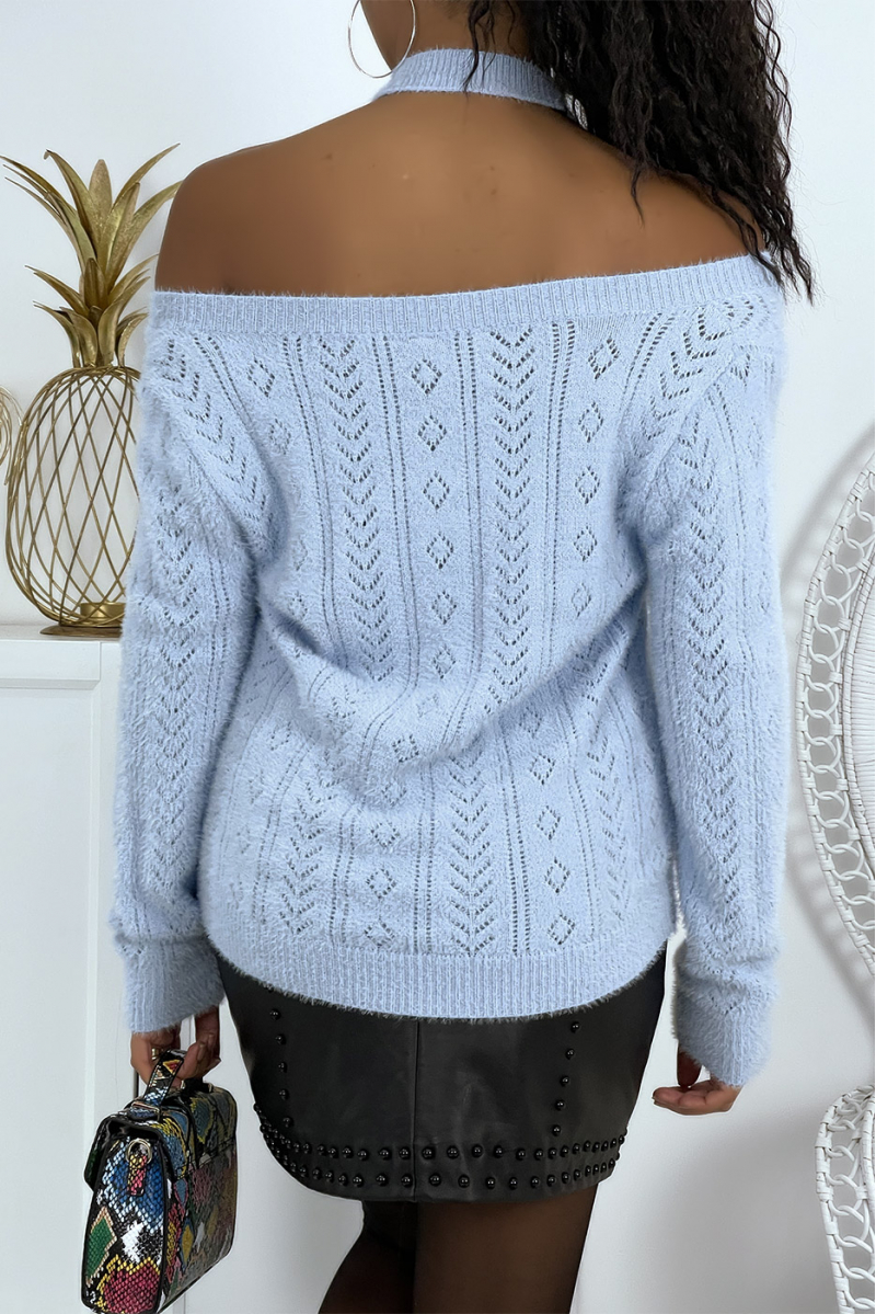 Cheap sky blue boat neck long sleeve sweater - 3