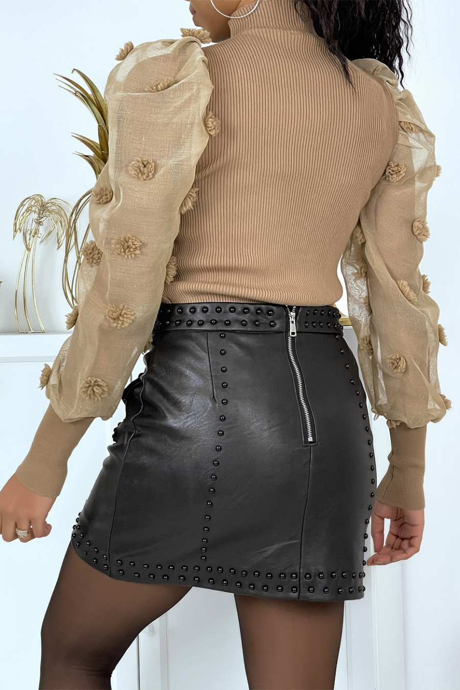 Cheap camel puff sleeve sweater - 4