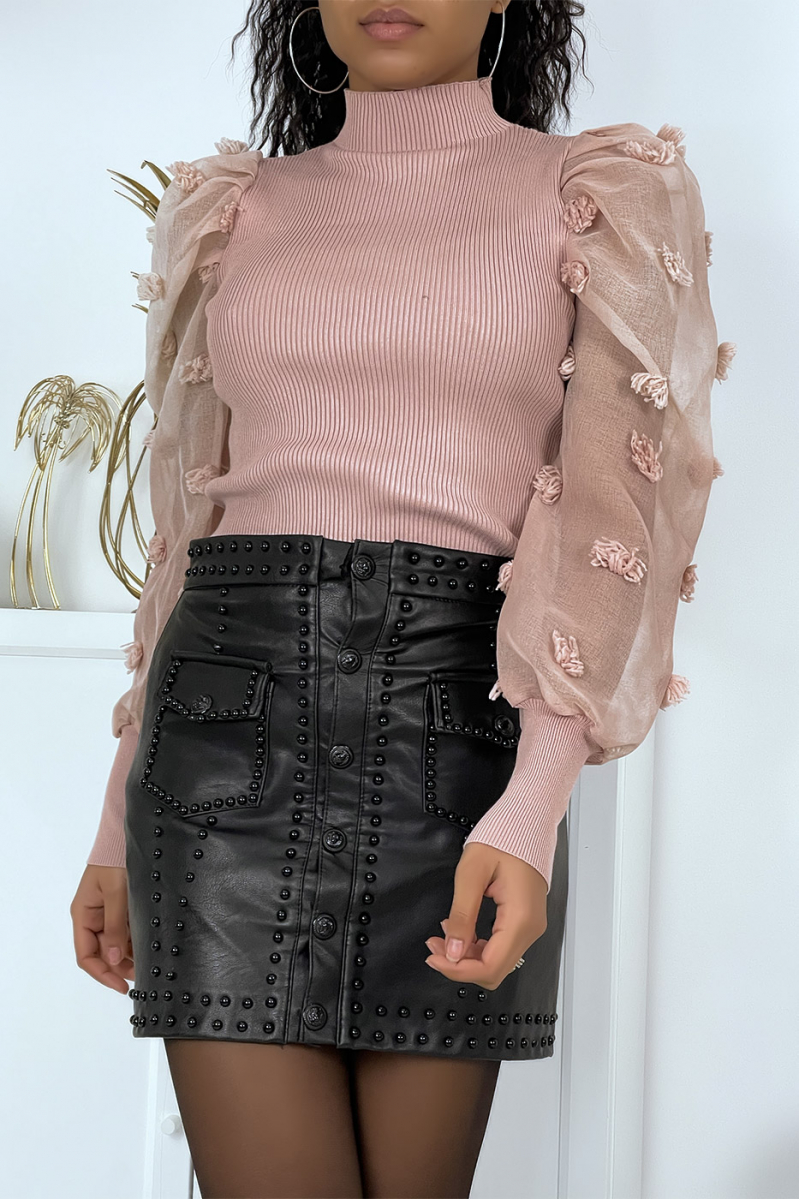 Pink tulle puff sleeve sweater - 2