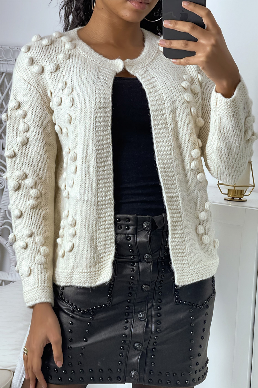 Ecru opengebreid vest met pompons - 3