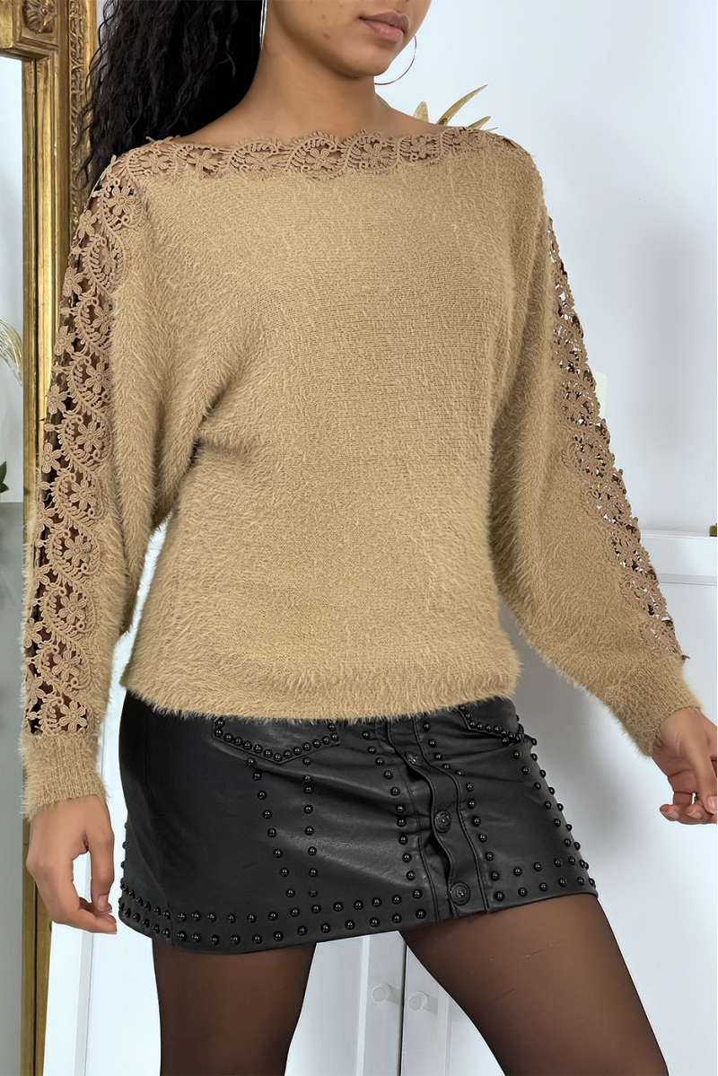 Camel boat neck sweater for women - 6