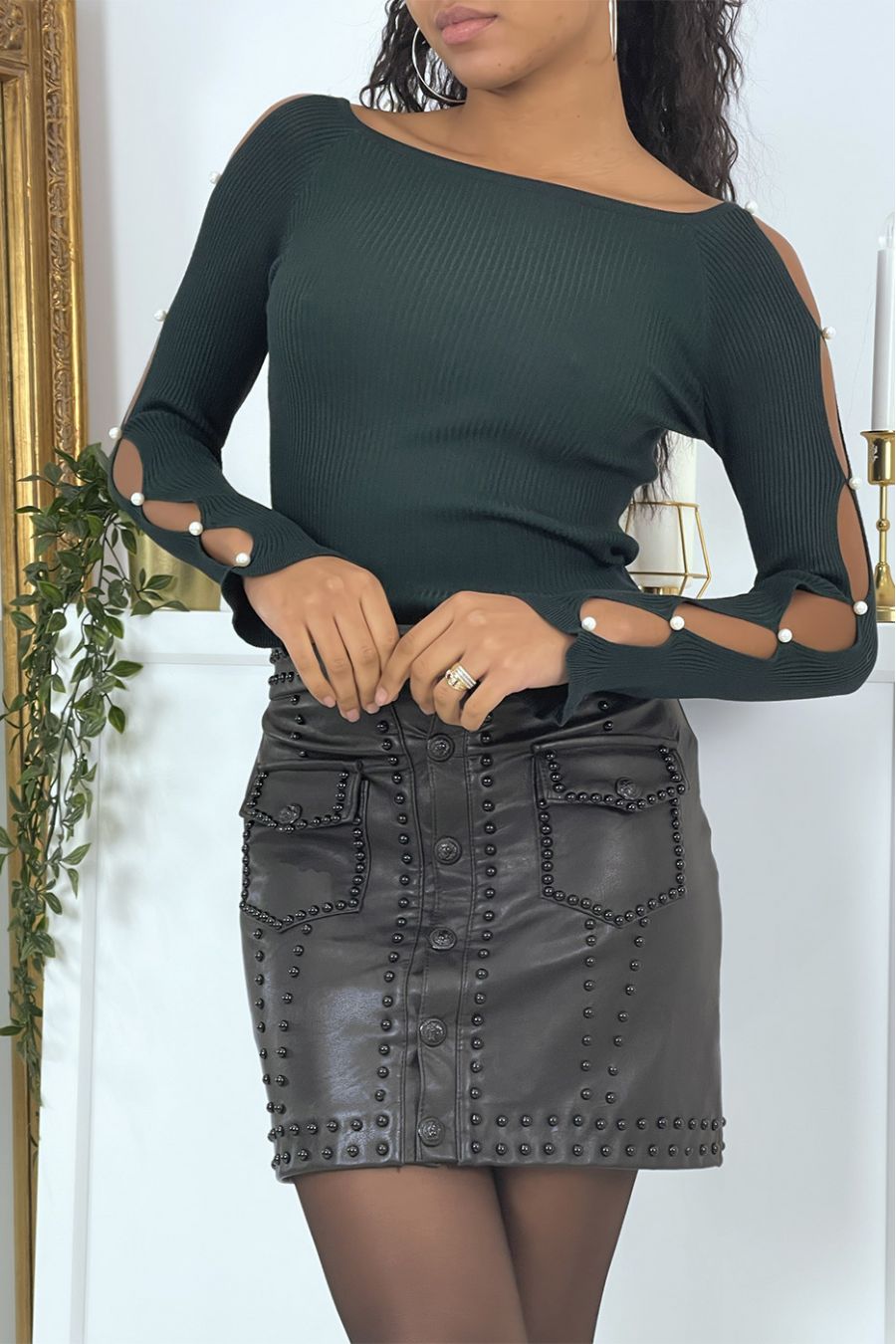 Pull vert à manches ajourées - 1