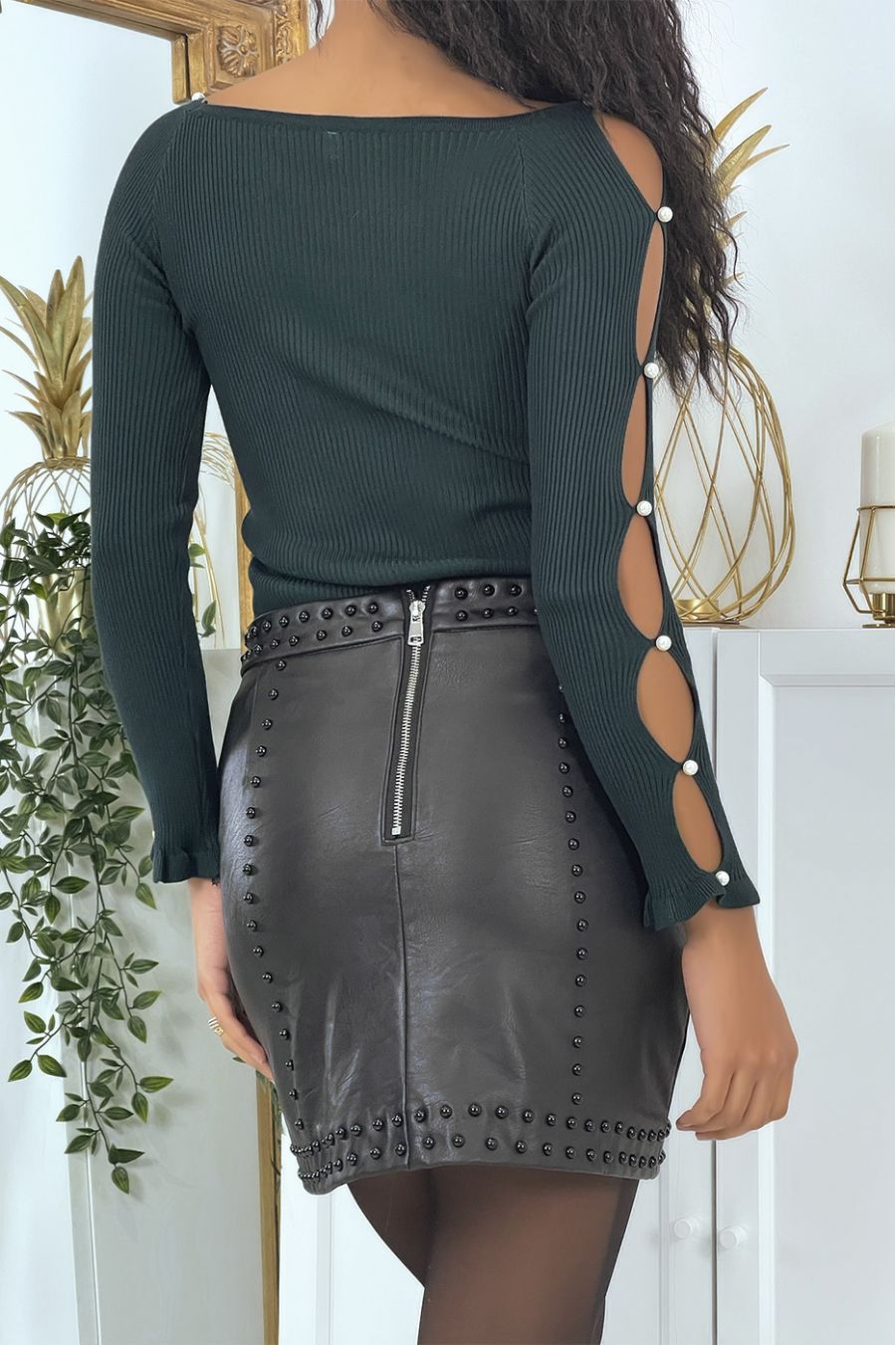 Pull vert à manches ajourées - 4