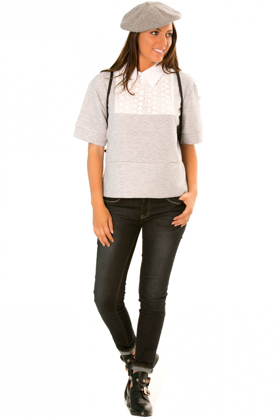 Top épais Gris à col CLAUDINE avec dentelle - F2672 - 1