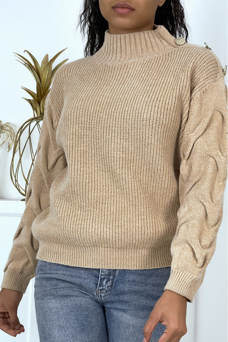 Women's thick and warm taupe sweater with stand-up collar - 3