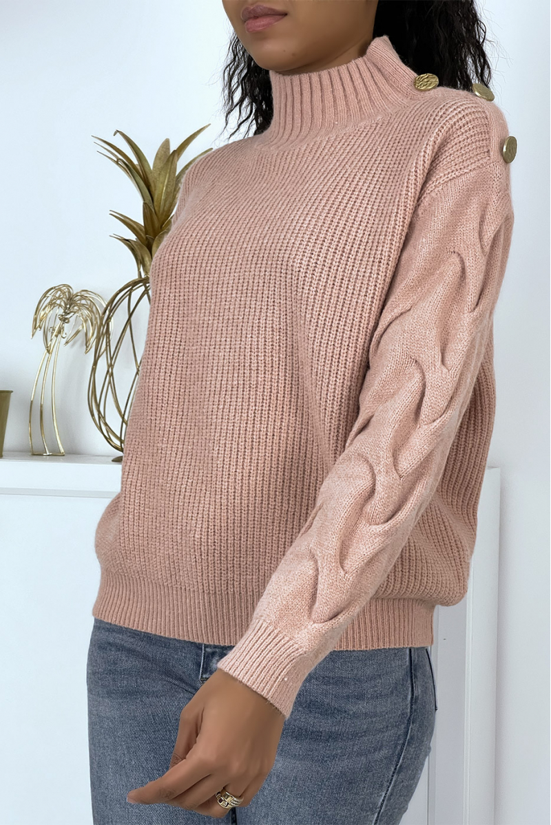 Women's thick and warm pink sweater with stand-up collar - 2