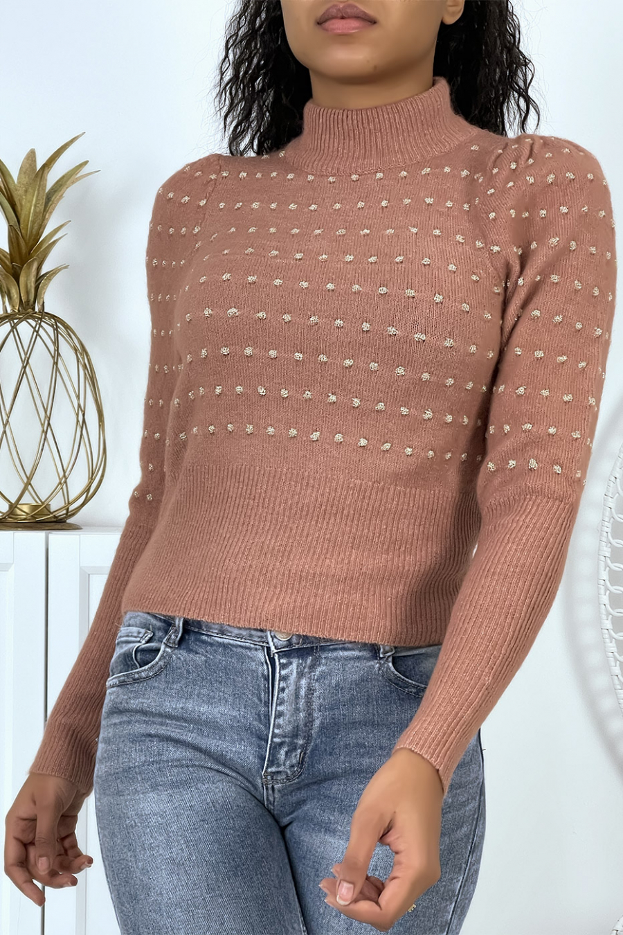 Pull cognac manches bouffantes à poids - 1