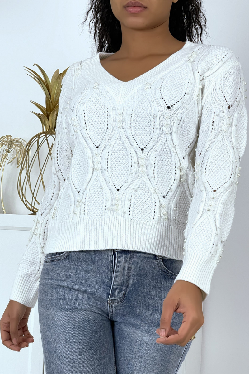 White V-neck sweater with pearls - 1
