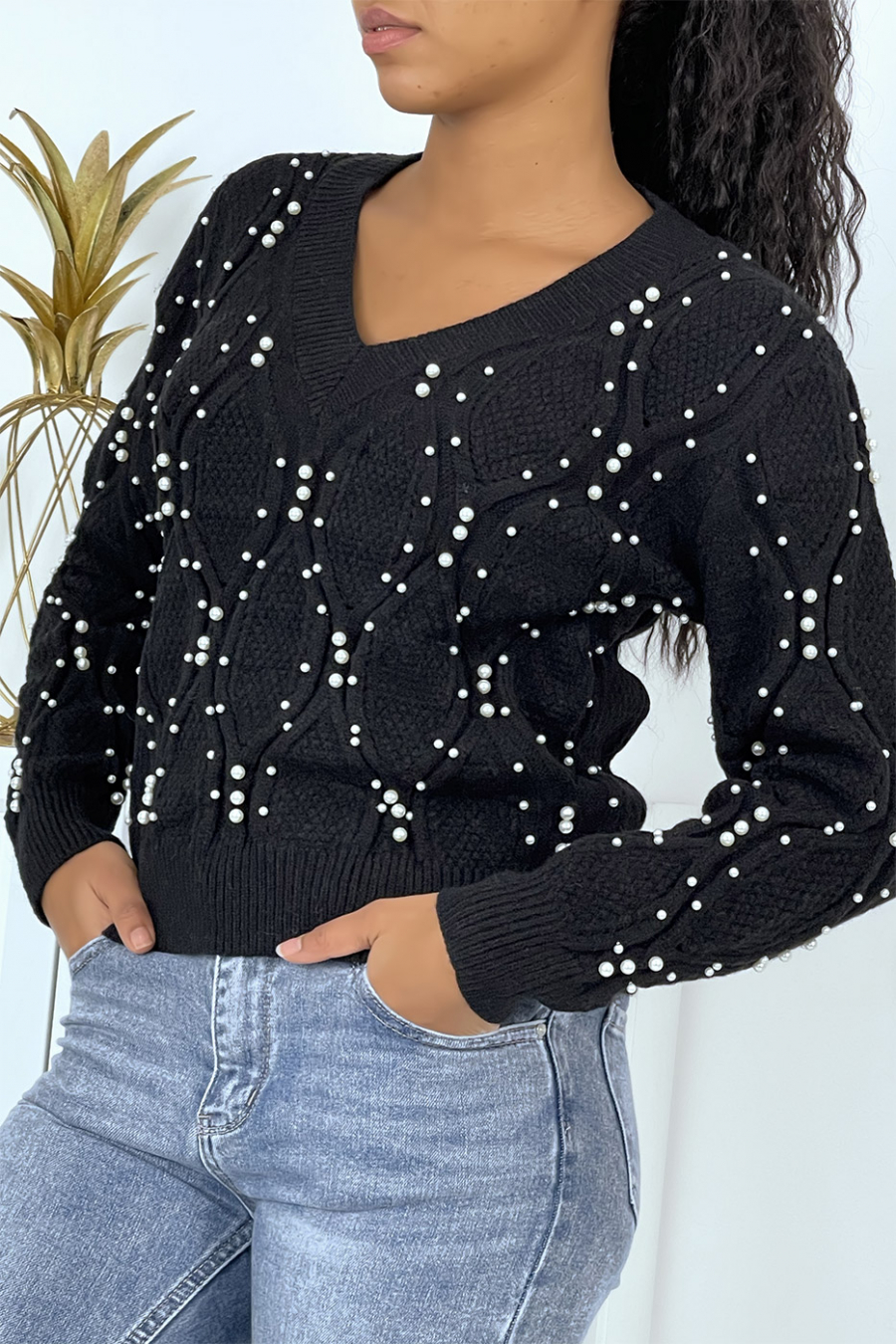 Black V-neck sweater with pearls - 1