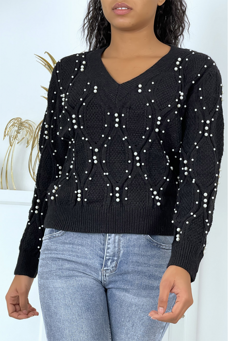 Black V-neck sweater with pearls - 2
