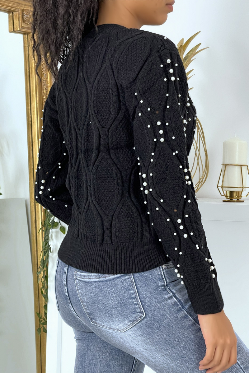 Black V-neck sweater with pearls - 4