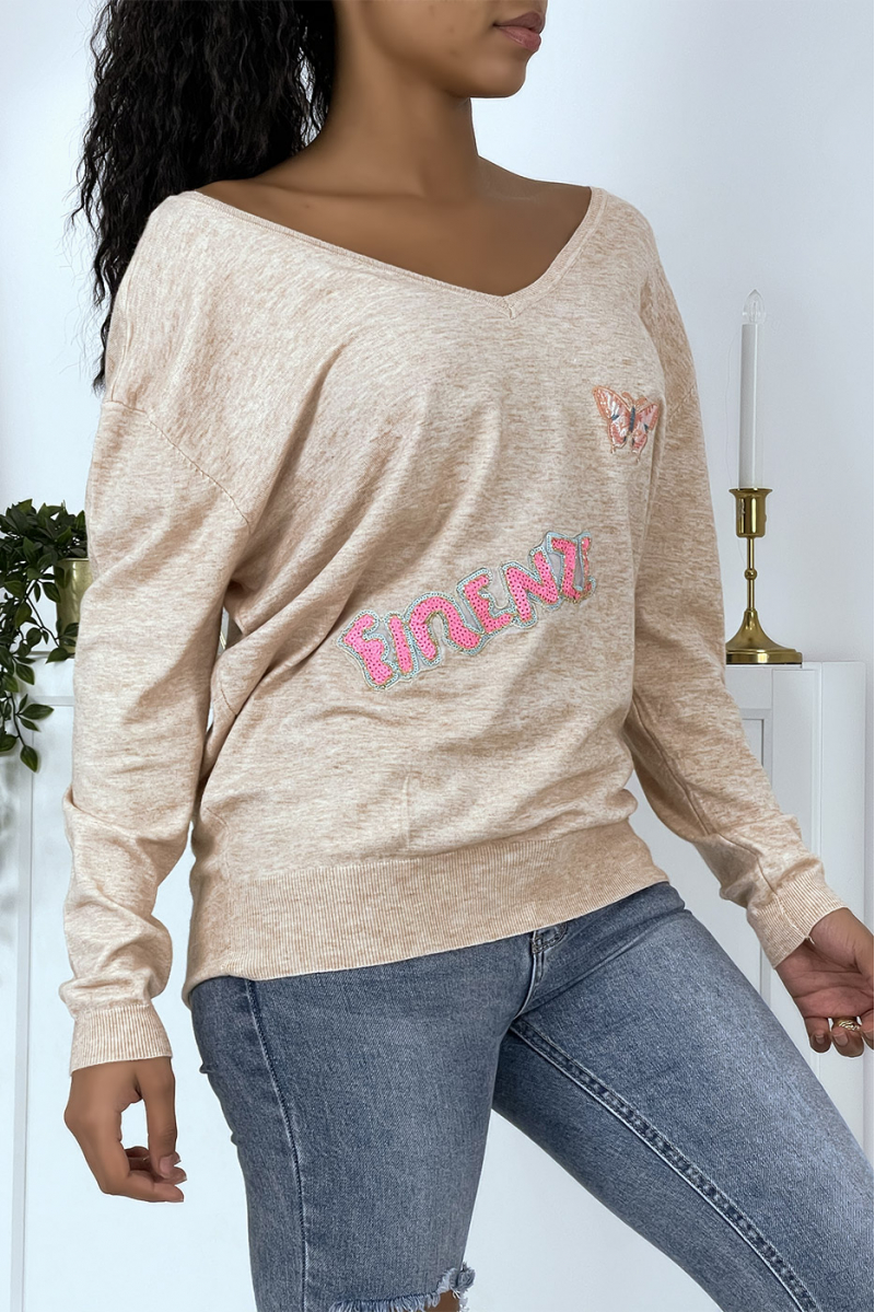 Fluid pink V-neck sweater with inscription - 3