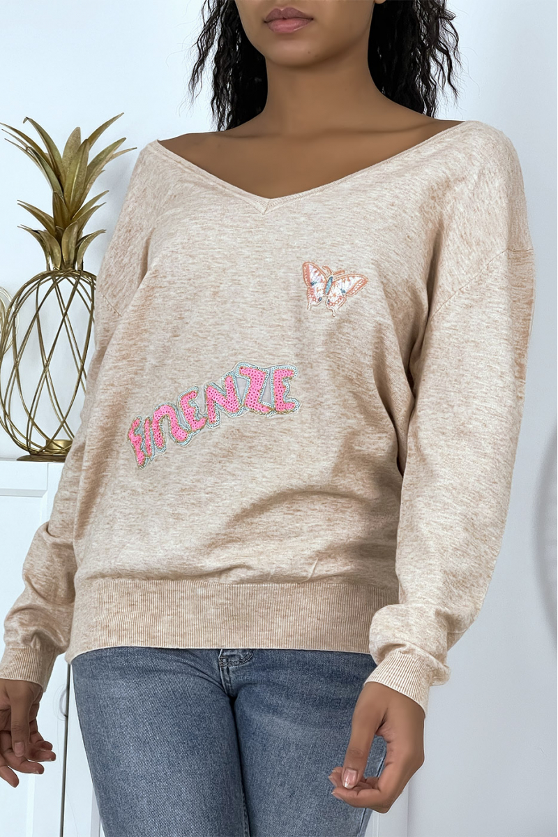 Fluid pink V-neck sweater with inscription - 2