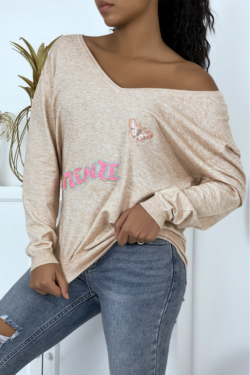 Fluid pink V-neck sweater with inscription - 1