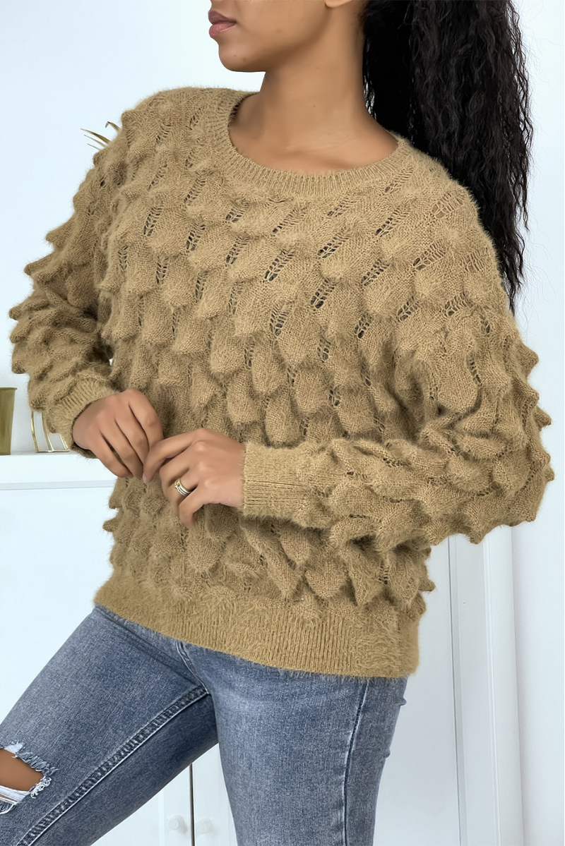 Thick taupe sweater with round neck and long sleeves - 4