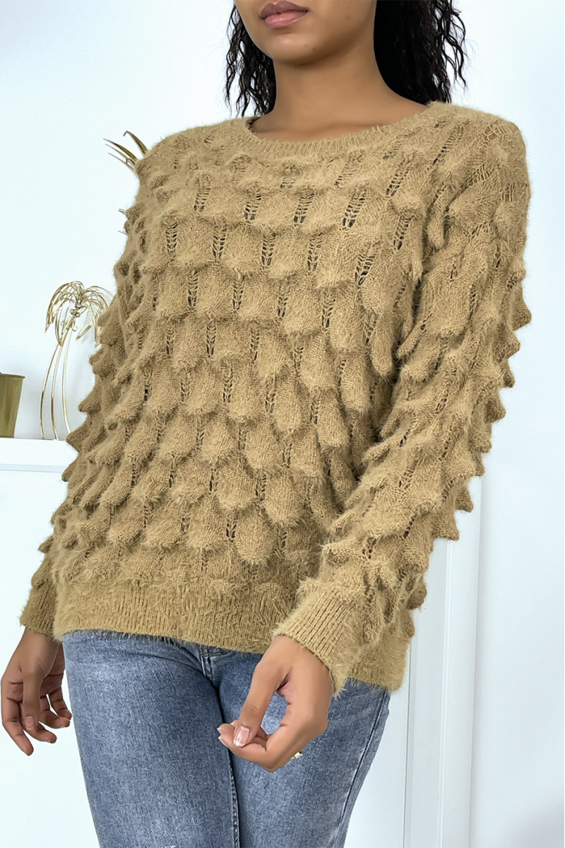 Thick taupe sweater with round neck and long sleeves - 5