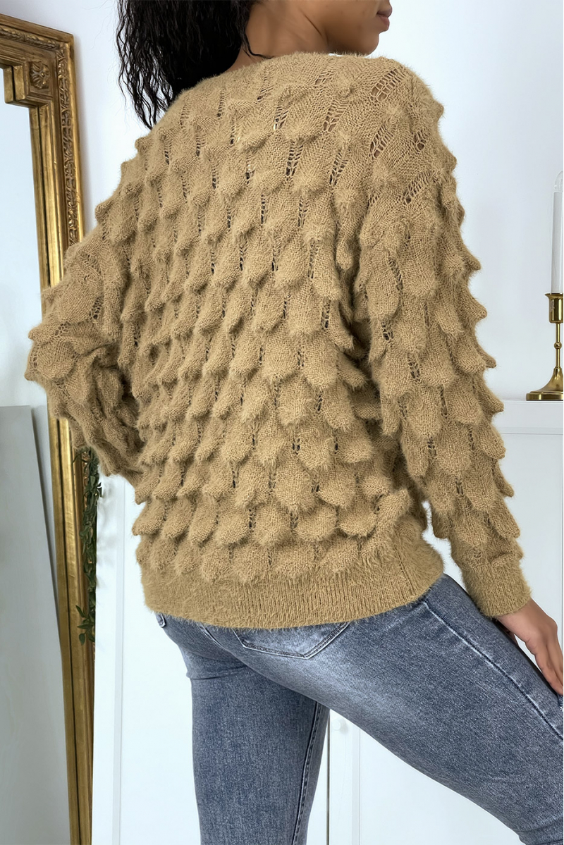Thick taupe sweater with round neck and long sleeves - 6