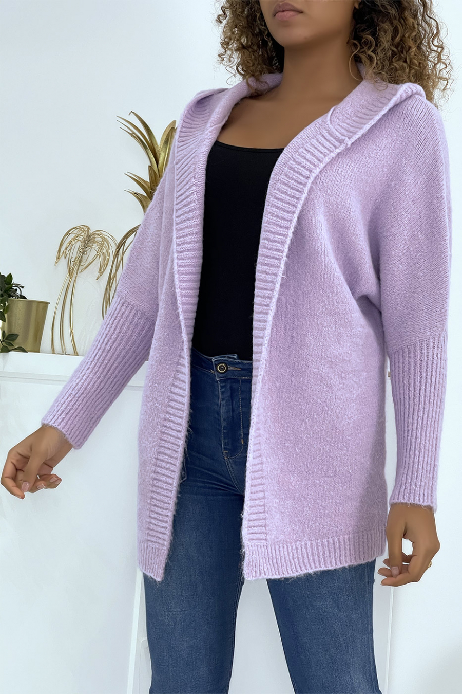Gilet mi-long lilas à capuche - 1