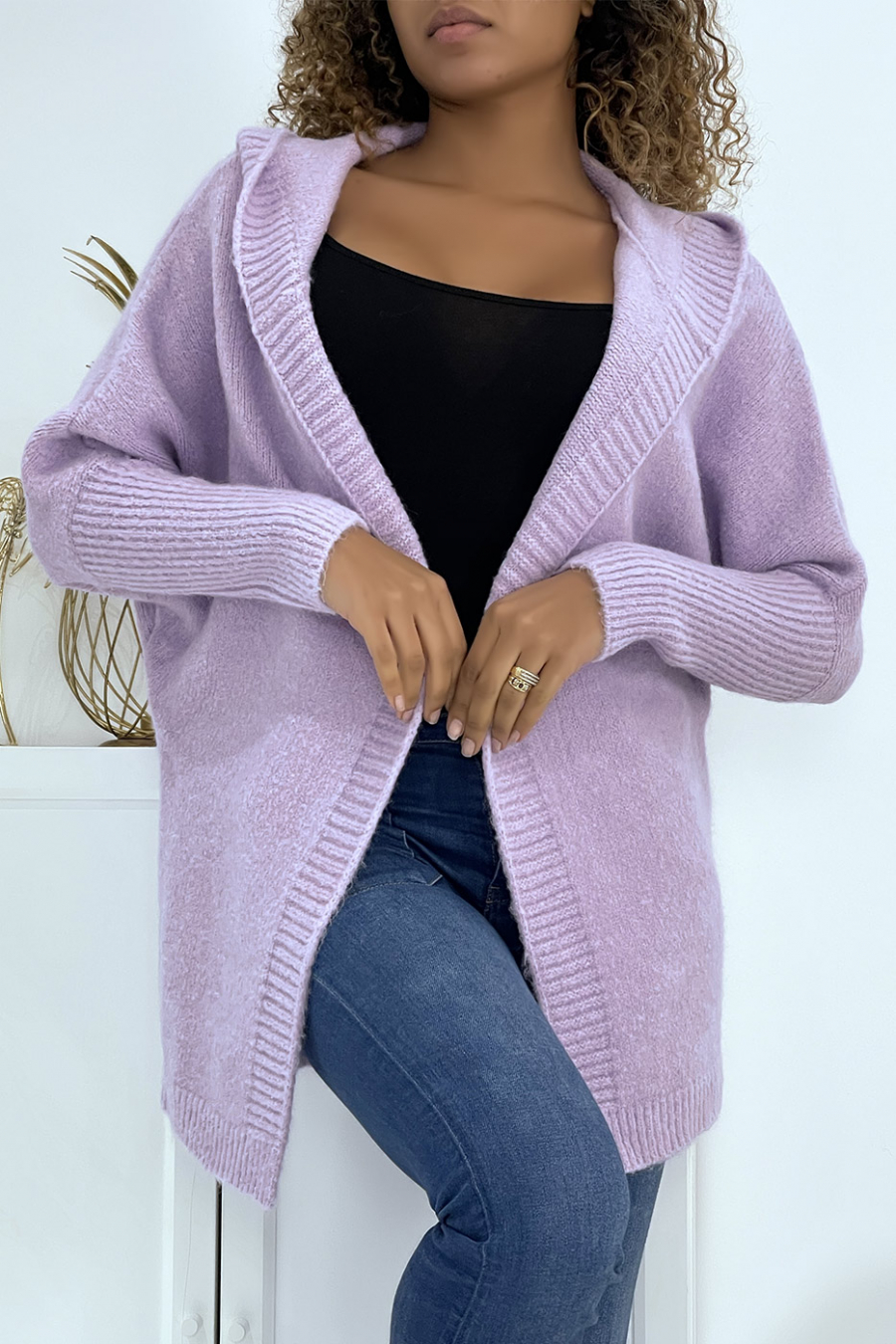 Gilet mi-long lilas à capuche - 2