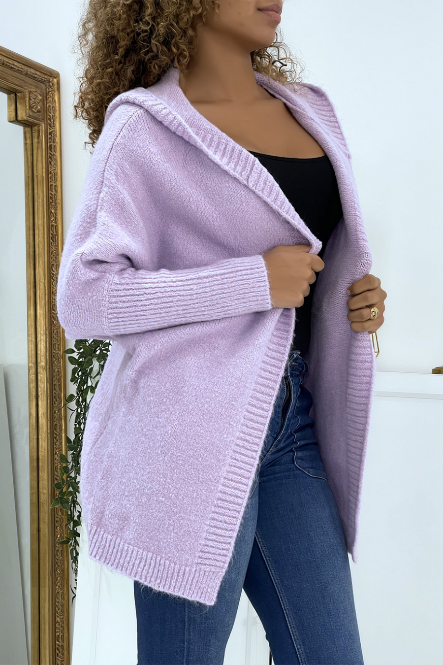 Gilet mi-long lilas à capuche - 3