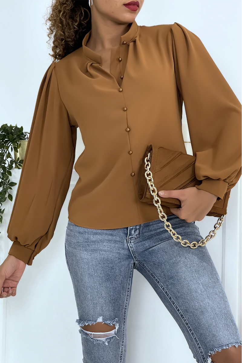 Buttoned camel blouse with shirt effect - 5